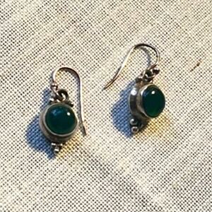 Sterling Silver Green Onyx Drop Earrings Cabochon 925